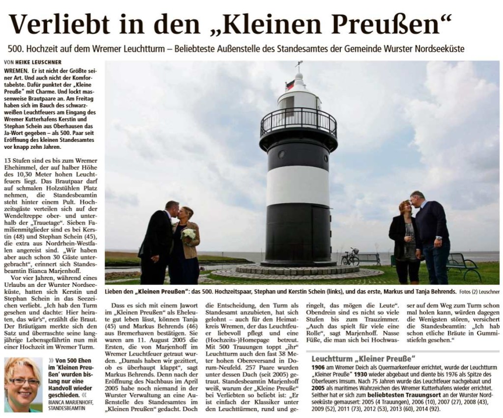 Artikel zur 500. Trauung im Kleinen Preußen aus der Samstagsausgabe der NORDSEE-ZEITUNG vom 30.05.2015